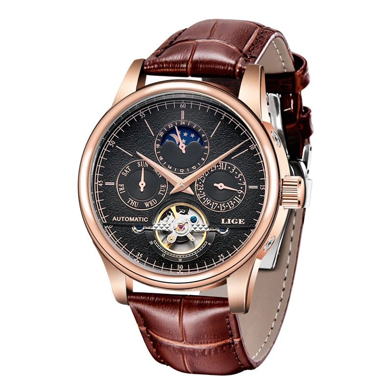 SaneShoppe-LIGE Tourbillon Automatic Men's Military Watch Leather Waterproof Wristwatch