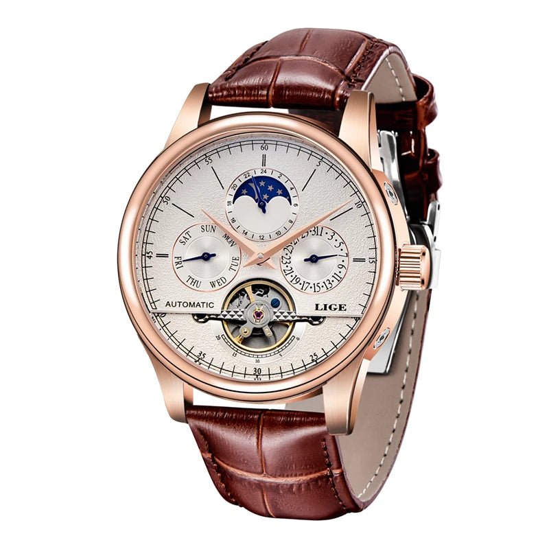 SaneShoppe-LIGE Tourbillon Automatic Men's Military Watch Leather Waterproof Wristwatch