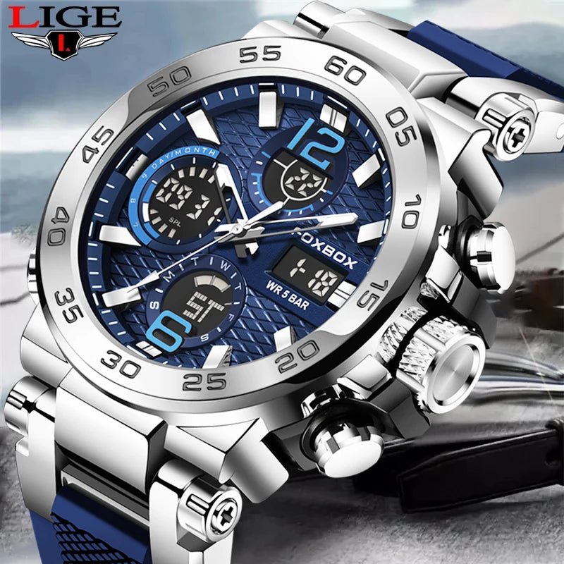 SaneShoppe - LIGE New Watches For Men 50M Waterproof Clock Alarm reloj hombre LCD Dual Display Wristwatch Quartz Military Sports Mens Watch