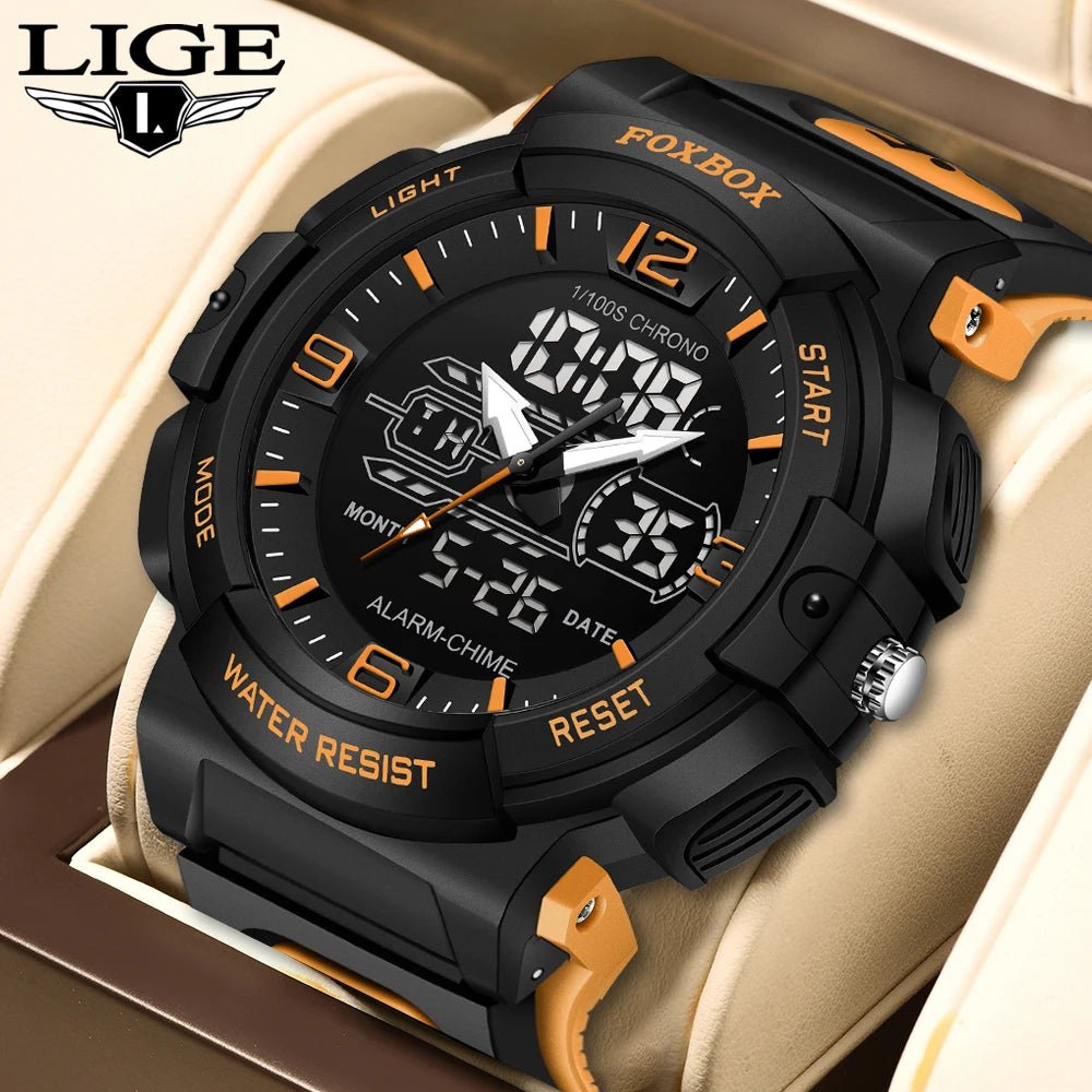 SaneShoppe-LIGE Mens 50M Waterproof Alarm Clock LCD Dual Display Quartz Wristwatch