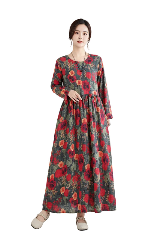 SaneShoppe - Long Sleeve Cotton Floral Vintage Long Dresses For Women 2025 Spring Autumn New Casual Loose Elegant Dress Femme Robe Clothing