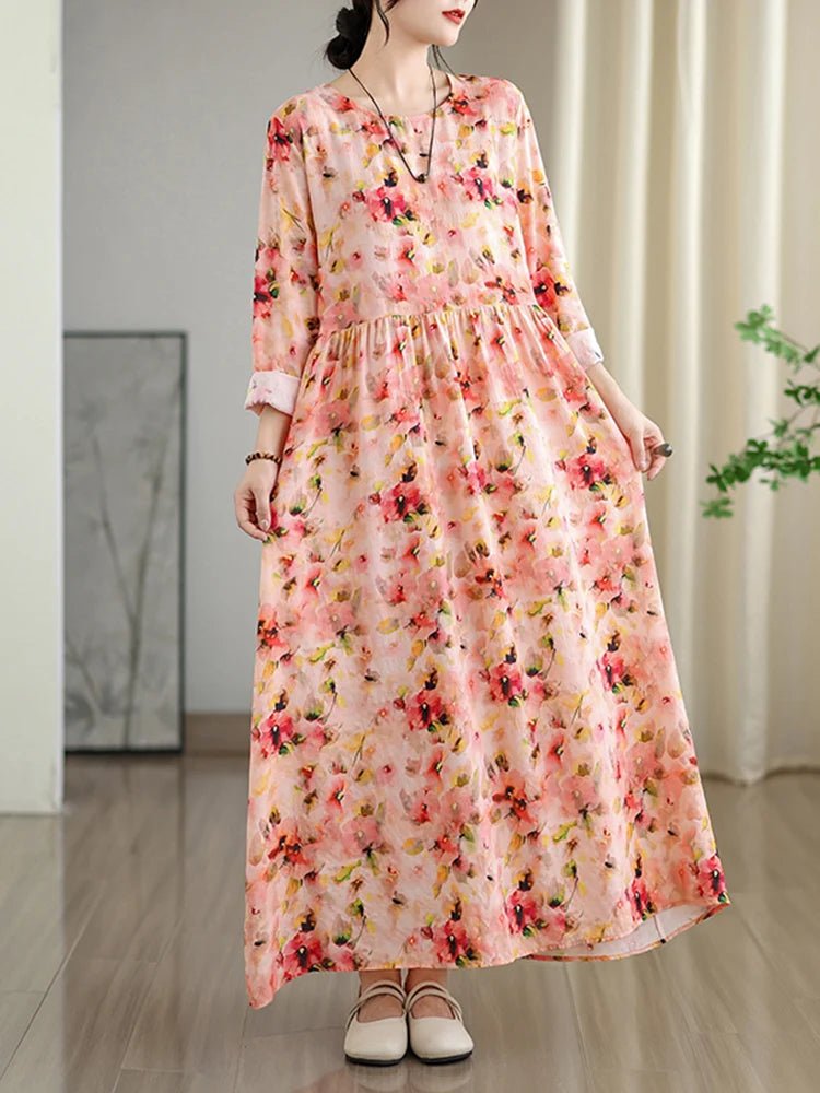 SaneShoppe - Long Sleeve Cotton Floral Vintage Long Dresses For Women 2025 Spring Autumn New Casual Loose Elegant Dress Femme Robe Clothing