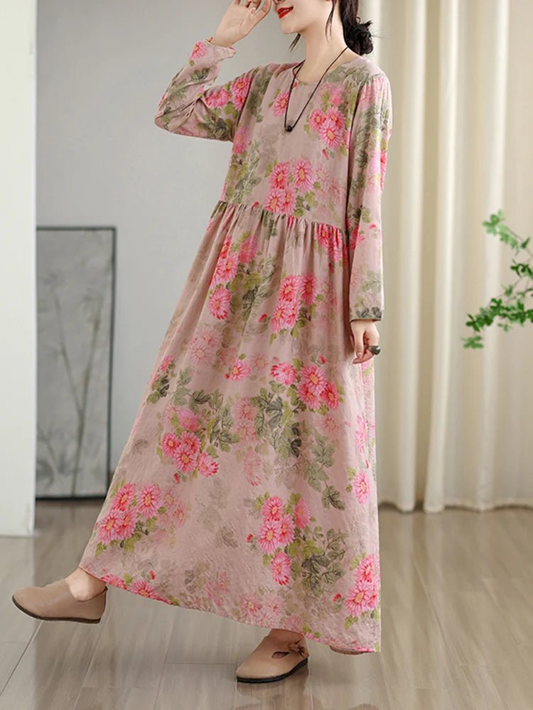 SaneShoppe - Long Sleeve Cotton Floral Vintage Long Dresses For Women 2025 Spring Autumn New Casual Loose Elegant Dress Femme Robe Clothing