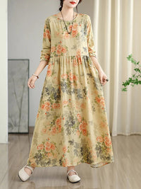 SaneShoppe - Long Sleeve Cotton Floral Vintage Long Dresses For Women 2025 Spring Autumn New Casual Loose Elegant Dress Femme Robe Clothing