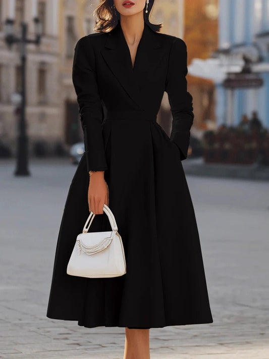 SaneShoppe - Long Sleeve Holiday Patchwork Chic Maxi Dress Women Autumn V Neck Slim Party Dress Elegant Fashion Ladies Knee Length Dresses