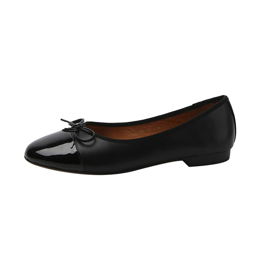 SaneShoppe-Luxury Genuine Leather Ballet Flats for Women, Round Toe with Bow Detail