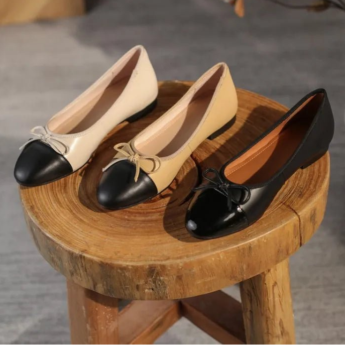 SaneShoppe-Luxury Genuine Leather Ballet Flats for Women, Round Toe with Bow Detail
