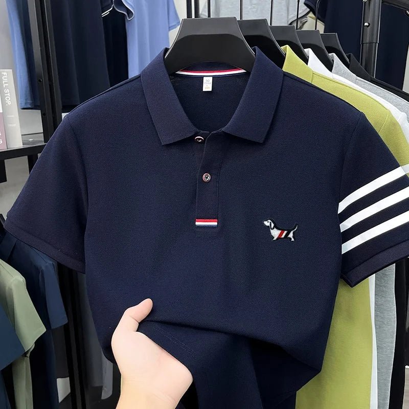 SaneShoppe - luxury brand men's high quality short sleeves polo shirt lapel embroidery puppy cuff stripe t-shirt business leisure men's wear
