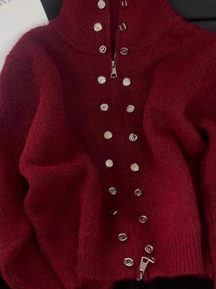 SaneShoppe - Luxury Fluffy Knitted Cardigan Sweater Design Double Breasted Sweater Coat Women Autumn High - end Lazy Zipper 2000s Y2k Knit Top