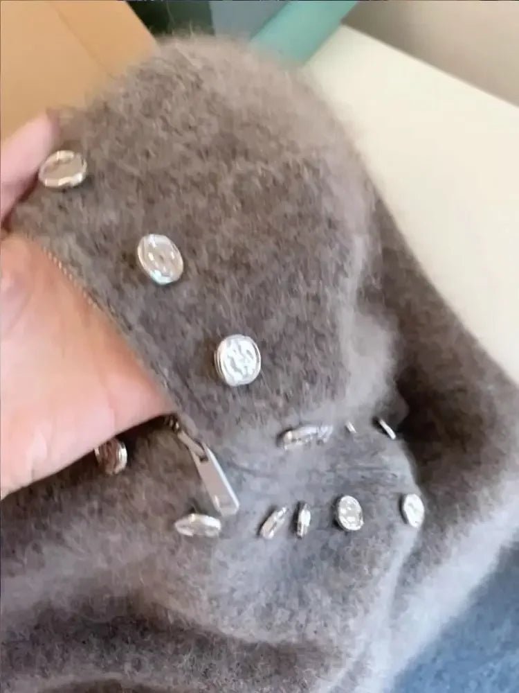 SaneShoppe - Luxury Fluffy Knitted Cardigan Sweater Design Double Breasted Sweater Coat Women Autumn High - end Lazy Zipper 2000s Y2k Knit Top