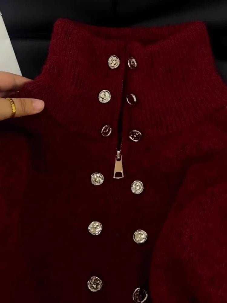 SaneShoppe - Luxury Fluffy Knitted Cardigan Sweater Design Double Breasted Sweater Coat Women Autumn High - end Lazy Zipper 2000s Y2k Knit Top