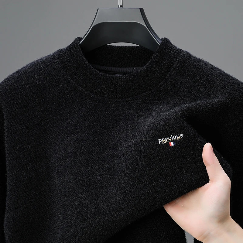 SaneShoppe - Luxury high - end round neck sweater men's winter trend brand embroidered Korean version casual plush warm thick knitted pullover