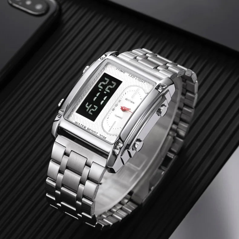 SaneShoppe-Luxury Men's Stainless Steel Dual Display Wrist Watch