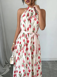 SaneShoppe - Maxi Dress Spring Summer Women Tulip Print Halter Neck Sleeveless Belted Romantic Boho Vacation Beach Date Dress