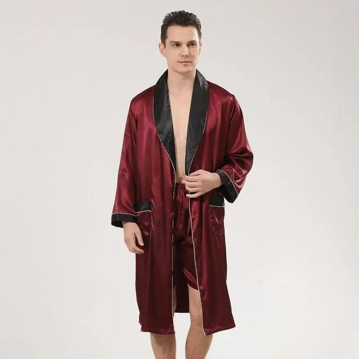 SaneShoppe - Men Satin Robe Set Long Sleeve 2pcs Robe & Shorts Sleep Set Silky Set