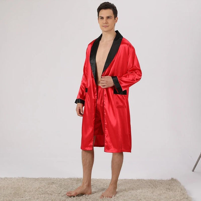 SaneShoppe - Men Satin Robe Set Long Sleeve 2pcs Robe & Shorts Sleep Set Silky Set