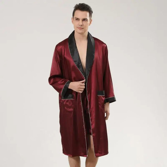 SaneShoppe - Men Satin Robe Set Long Sleeve 2pcs Robe & Shorts Sleep Set Silky Set