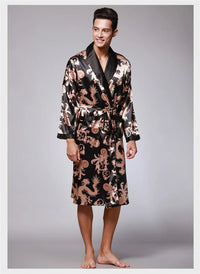 SaneShoppe - Men Silk Satin Golden Dragon Dressing Gown Knee Length Kimono Robe.
