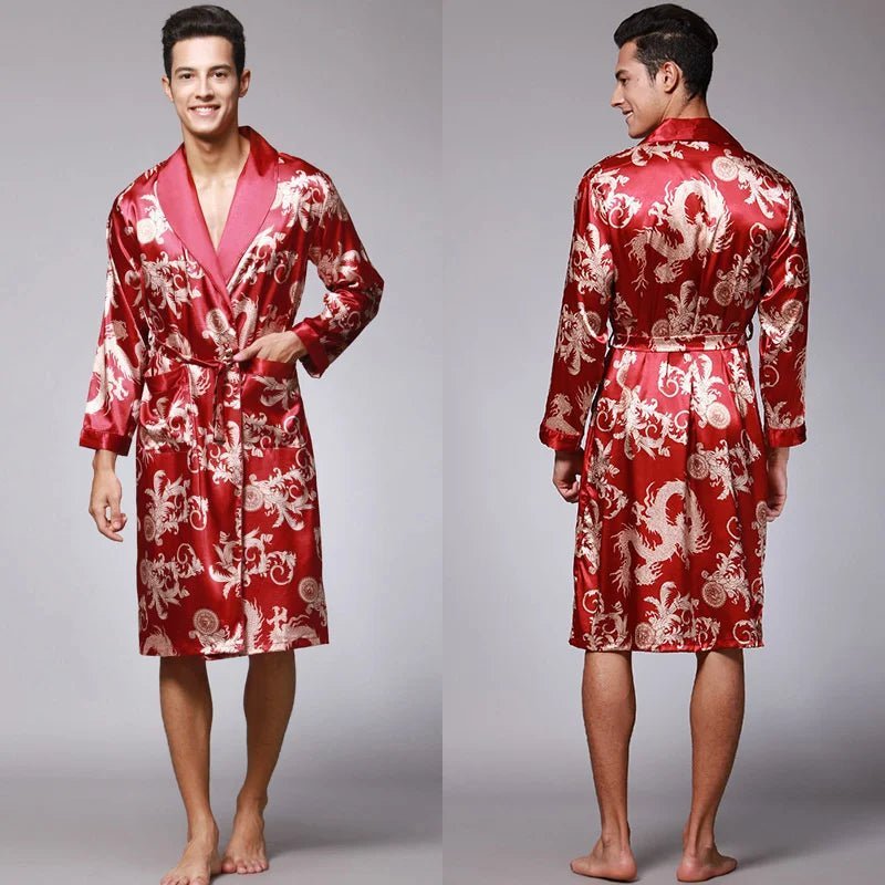 SaneShoppe Men Silk Satin Golden Dragon Dressing Gown Knee Length Kimono Robe.