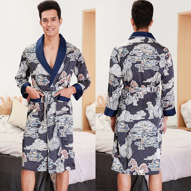 SaneShoppe - Men Silk Satin Golden Dragon Dressing Gown Knee Length Kimono Robe.