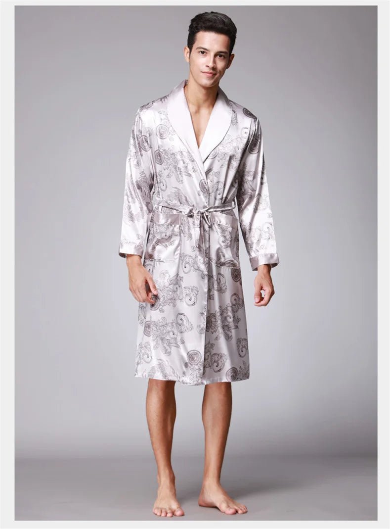 SaneShoppe Men Silk Satin Golden Dragon Dressing Gown Knee Length Kimono Robe.