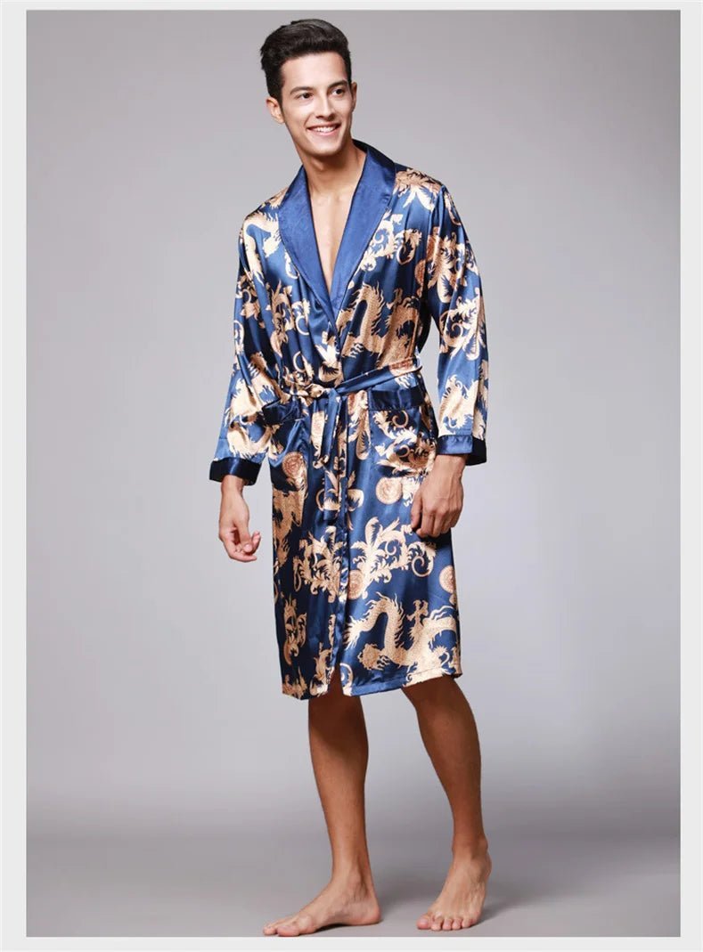 SaneShoppe Men Silk Satin Golden Dragon Dressing Gown Knee Length Kimono Robe.