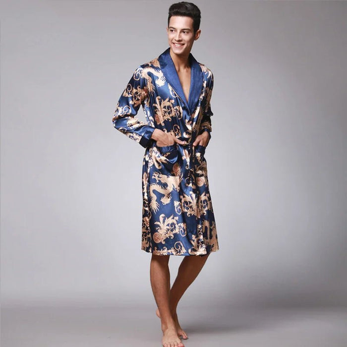 SaneShoppe Men Silk Satin Golden Dragon Dressing Gown Knee Length Kimono Robe.