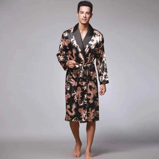 Men Silk Satin Golden Dragon Dressing Gown Knee Length Kimono Robe.