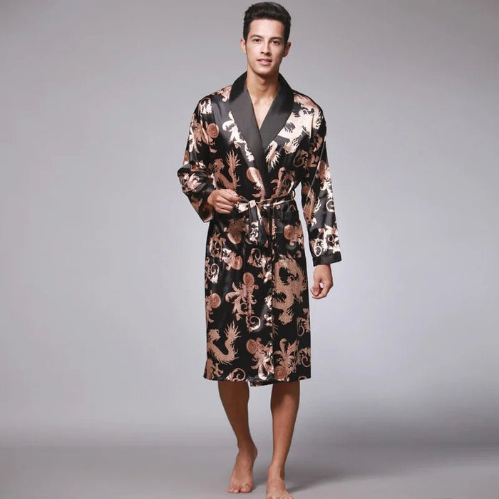 SaneShoppe - Men Silk Satin Golden Dragon Dressing Gown Knee Length Kimono Robe.