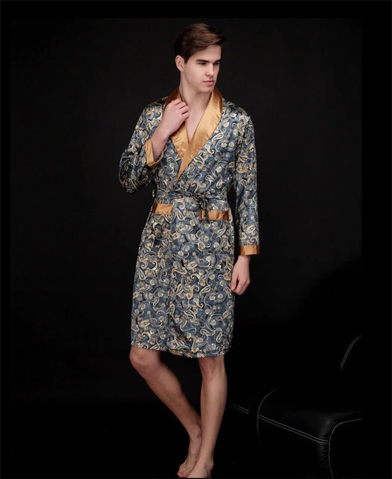 SaneShoppe Men Silk Satin Golden Dragon Dressing Gown Knee Length Kimono Robe.