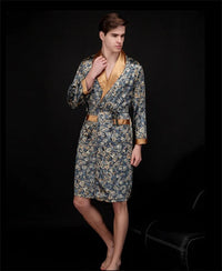 SaneShoppe Men Silk Satin Golden Dragon Dressing Gown Knee Length Kimono Robe.