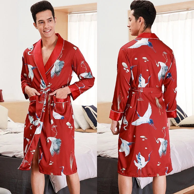 SaneShoppe - Men Silk Satin Golden Dragon Dressing Gown Knee Length Kimono Robe.