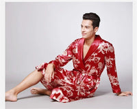 SaneShoppe Men Silk Satin Golden Dragon Dressing Gown Knee Length Kimono Robe.