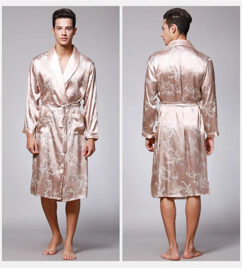 SaneShoppe Men Silk Satin Golden Dragon Dressing Gown Knee Length Kimono Robe.