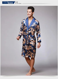 SaneShoppe - Men Silk Satin Golden Dragon Dressing Gown Knee Length Kimono Robe.