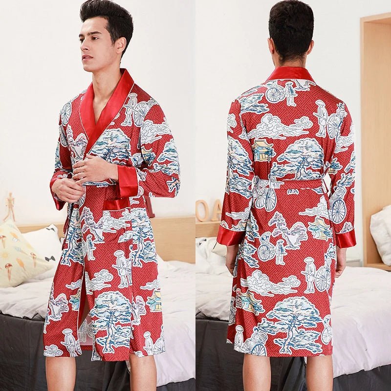 SaneShoppe - Men Silk Satin Golden Dragon Dressing Gown Knee Length Kimono Robe.