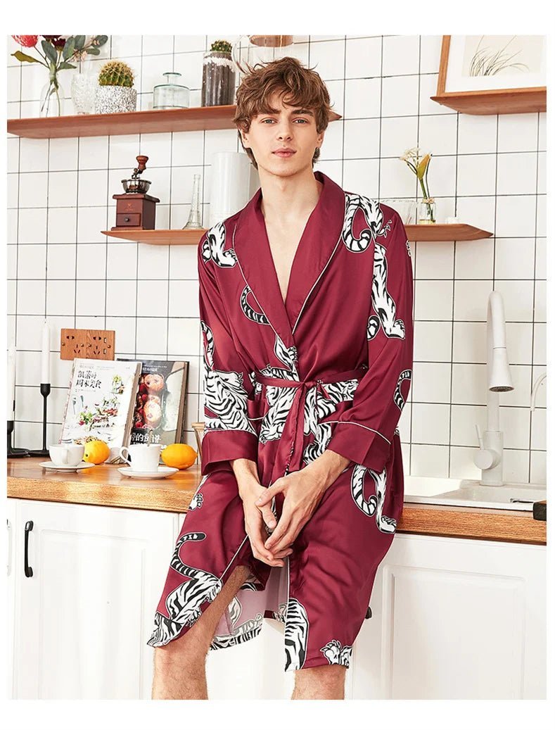 SaneShoppe Men Silk Satin Golden Dragon Dressing Gown Knee Length Kimono Robe.