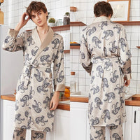SaneShoppe Men Silk Satin Golden Dragon Dressing Gown Knee Length Kimono Robe.