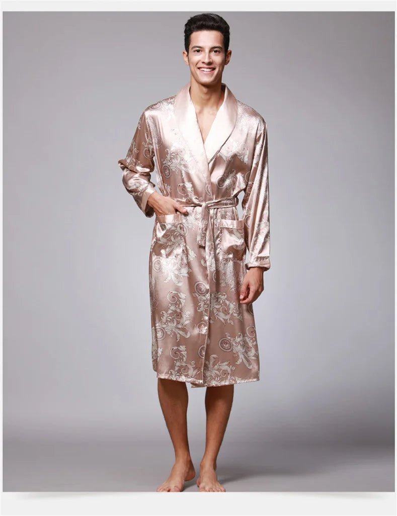 SaneShoppe Men Silk Satin Golden Dragon Dressing Gown Knee Length Kimono Robe.