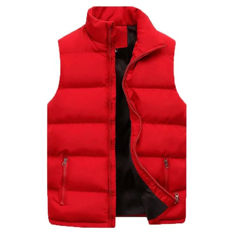 SaneShoppe - Men Vest Jacket Stand Collar Solid Color Zipper Cotton Padded Thicken Cold Proof Straight Waistcoat Men Streetwear