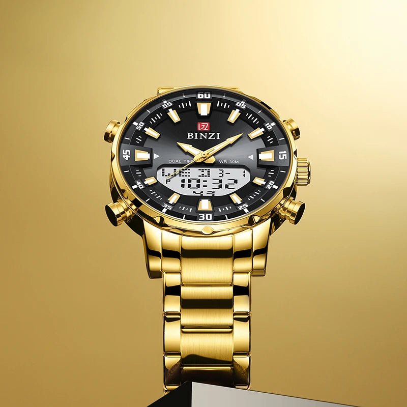 SaneShoppe-2025 Top Brand Men's Dual Display Gold Watch with Stainless Steel Band