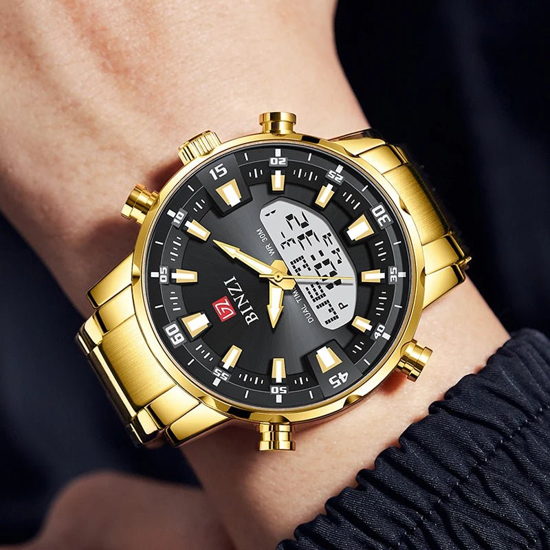 SaneShoppe-2025 Top Brand Men's Dual Display Gold Watch with Stainless Steel Band