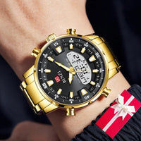 SaneShoppe-2025 Top Brand Men's Dual Display Gold Watch with Stainless Steel Band