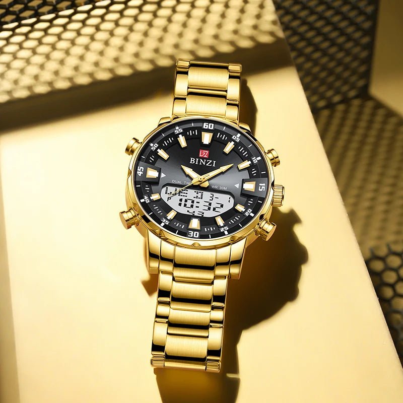 SaneShoppe-2025 Top Brand Men's Dual Display Gold Watch with Stainless Steel Band