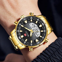 SaneShoppe-2025 Top Brand Men's Dual Display Gold Watch with Stainless Steel Band
