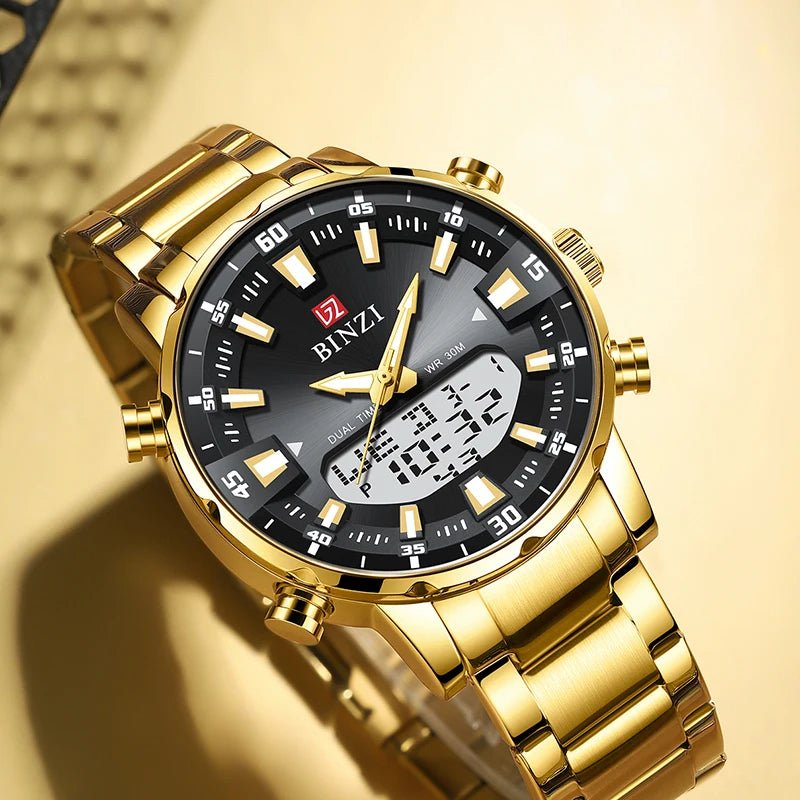 SaneShoppe-2025 Top Brand Men's Dual Display Gold Watch with Stainless Steel Band