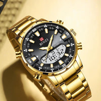 SaneShoppe-2025 Top Brand Men's Dual Display Gold Watch with Stainless Steel Band