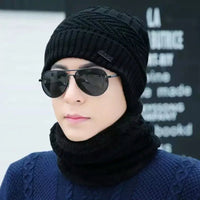 SaneShoppe - Men Winter Hat Scarf Set Male Fleece Knitted Beanie Cap with Neck Warmer Balaclava Skullcap