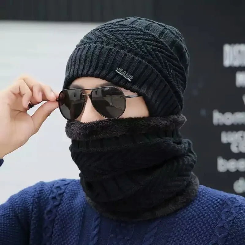 SaneShoppe - Men Winter Hat Scarf Set Male Fleece Knitted Beanie Cap with Neck Warmer Balaclava Skullcap