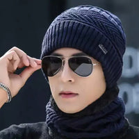 SaneShoppe - Men Winter Hat Scarf Set Male Fleece Knitted Beanie Cap with Neck Warmer Balaclava Skullcap